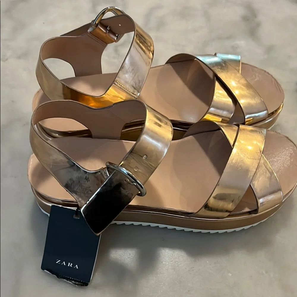 Zara Gold Sandals with Crisscross Straps and Buckle Closure - Picture 1 of 8